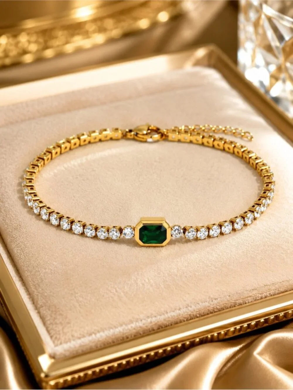 Gold tone Tennis Bracelet with Emerald Green Stone
